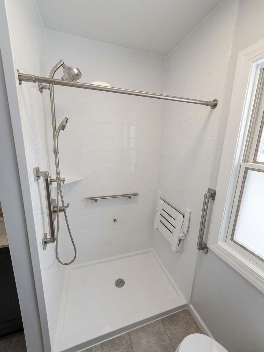 White accessible shower with fold-down seat, grab bars, and dual showerheads