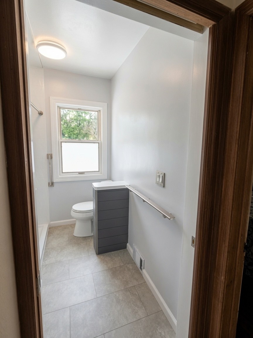 Narrow bathroom remodel with grab bars, storage cabinet, and walk-in shower