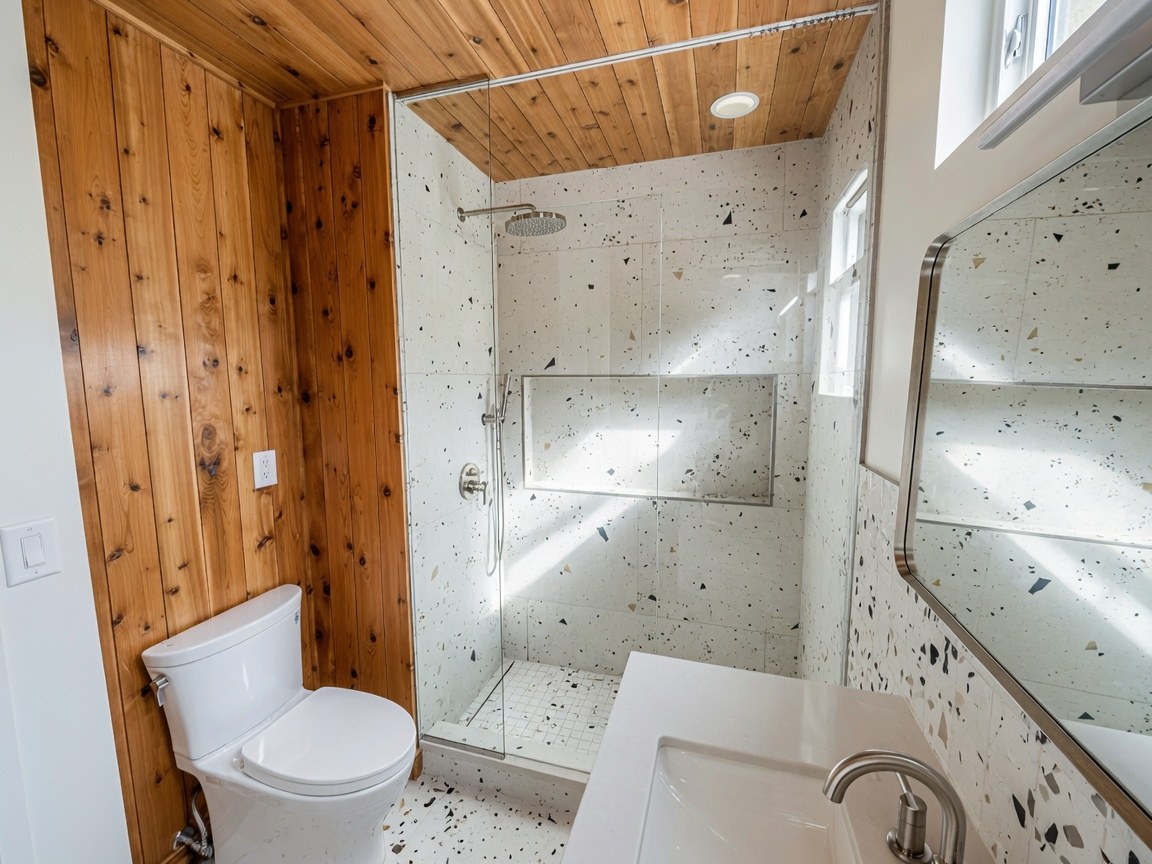 Full bathroom remodel with terrazzo shower, wood plank ceiling, and white vanity
