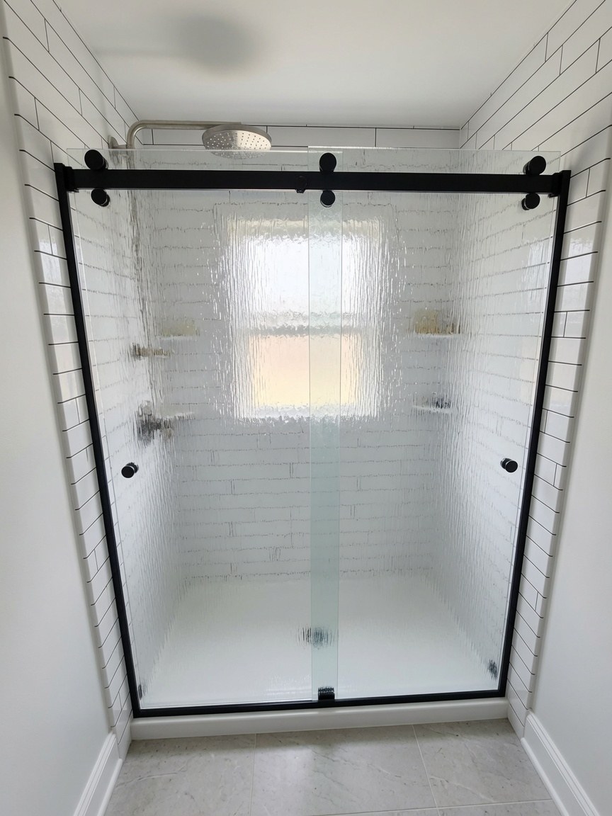 Walk-in shower with textured rain glass, subway tile, and matte black rollers