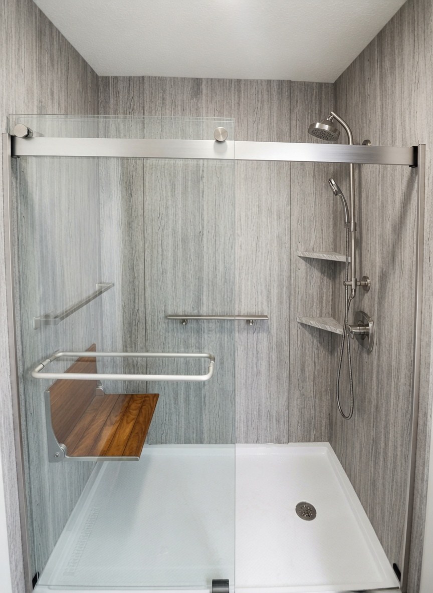 Walk-in shower with grey wood-grain walls, sliding glass, and teak fold-down seat