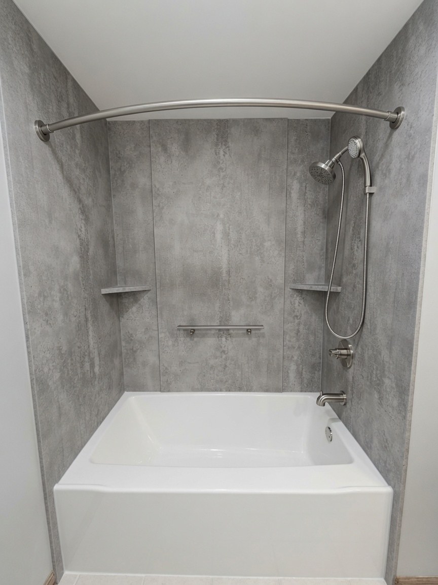 Alcove tub with concrete-look surround, curved rod, and back-wall grab bar