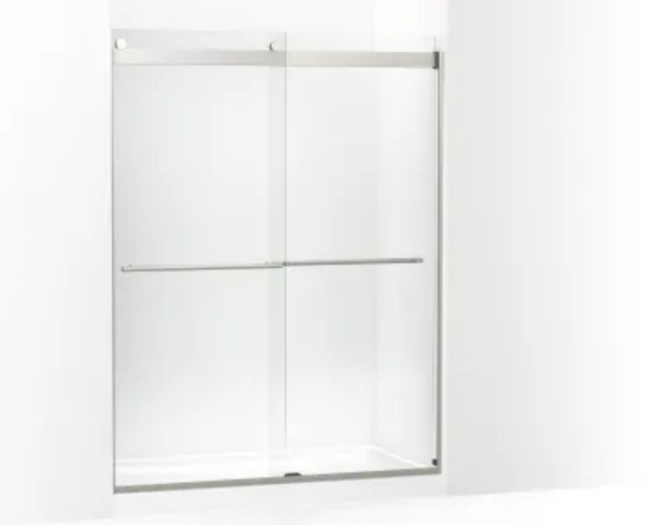 Bypass sliding glass shower door with brushed chrome hardware