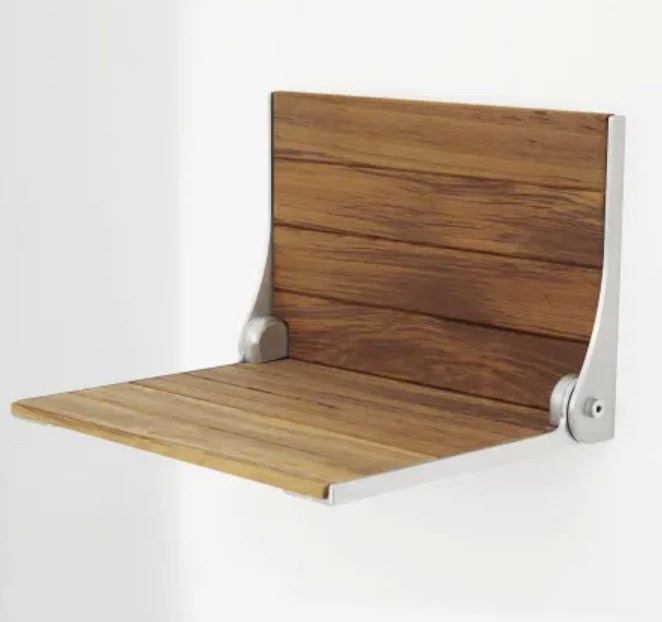 Wall-mounted folding wooden shower seat with brushed metal frame